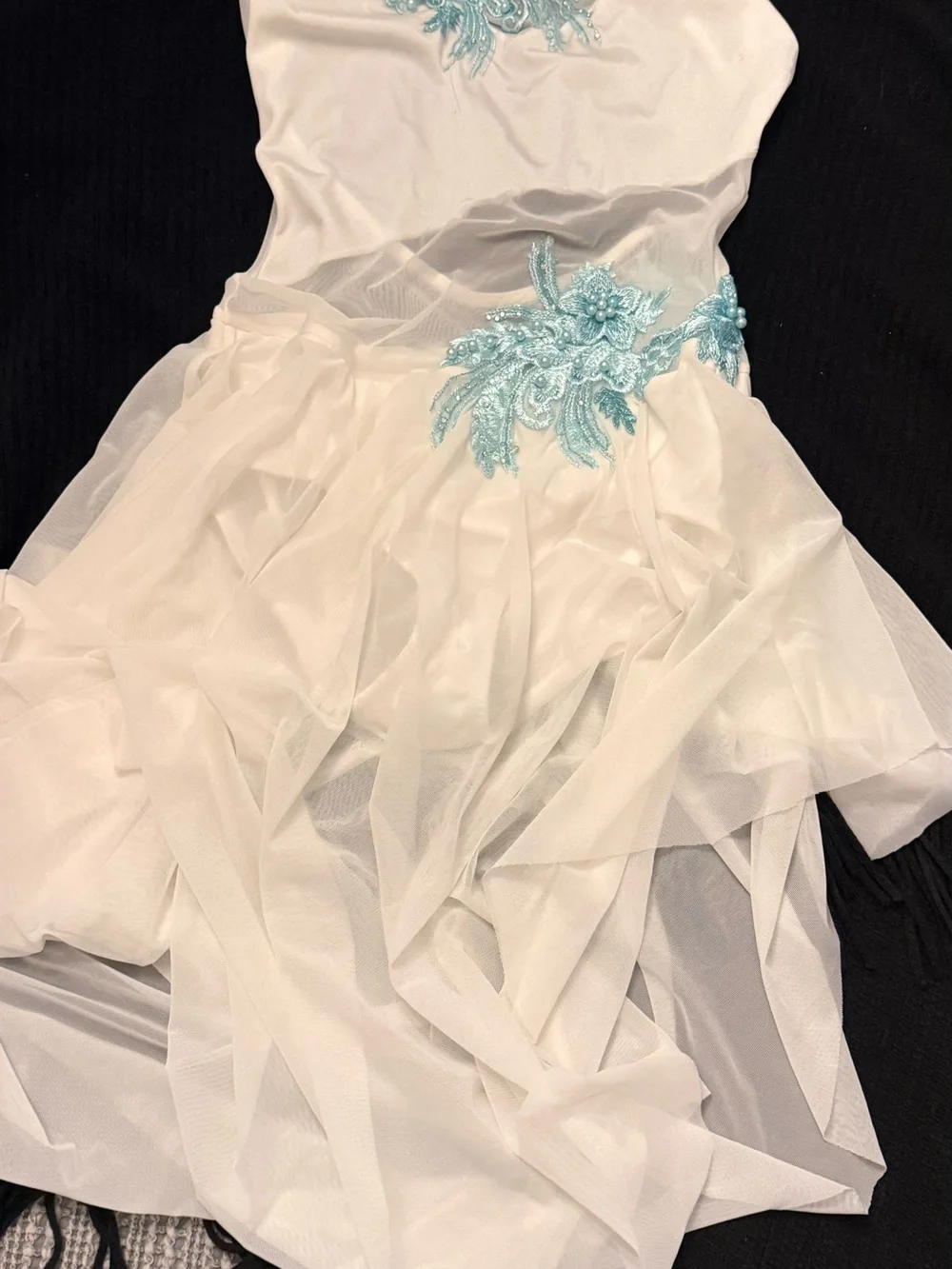 White double platinum Girl’s costume dance with Light Blue Floral Appliqué